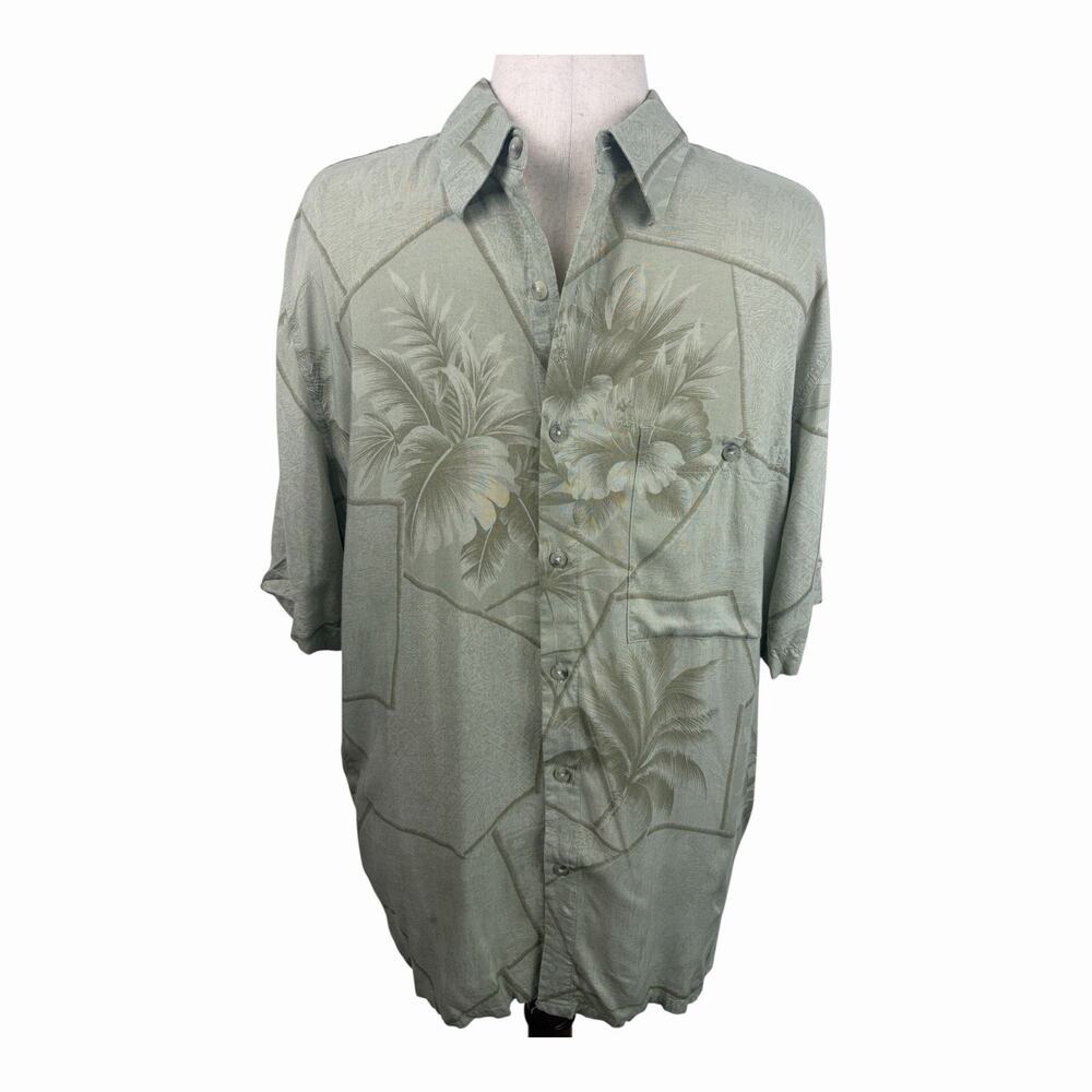 Croft & Barrow Hawaiian Camp Shirt Mens Large Green Rayon Tropical Aloha Casual
